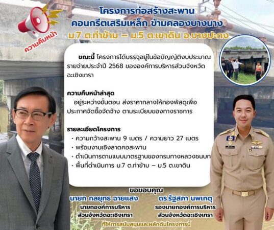 ฉะเชิงเทรา-อบจ.ฉะเชิงเทราเร่งด่วนบรรจุโครงการก่อสร้างสะพานคอนกรีตเสริมเหล็ก ข้ามคลองบางนาง ม.7 ต.ท่าข้าม ม.5 ต.เขาดิน อ.บางปะกง
