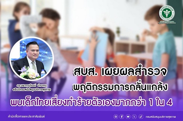 สบส. เผยผลสำรวจพฤติกรรมการถูกกลั่นแกล้ง พบเด็กไทยเสี่ยงทำร้ายตัวเองมากกว่า 1 ใน 4
